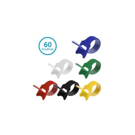 Cable Wholesale 4 inch Hook and Loop Wrap Strap. 60Pc/Pack. 10 each black, blue, green, red, white, and yellow 30CT-10004